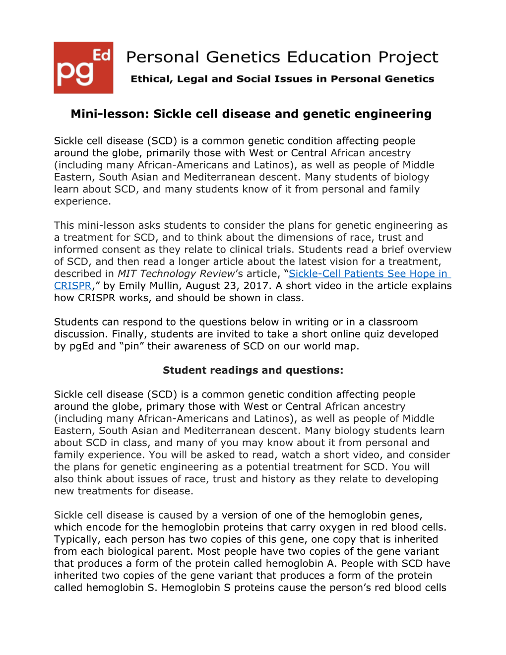 Mini-Lesson: Sickle Cell Disease and Genetic Engineering