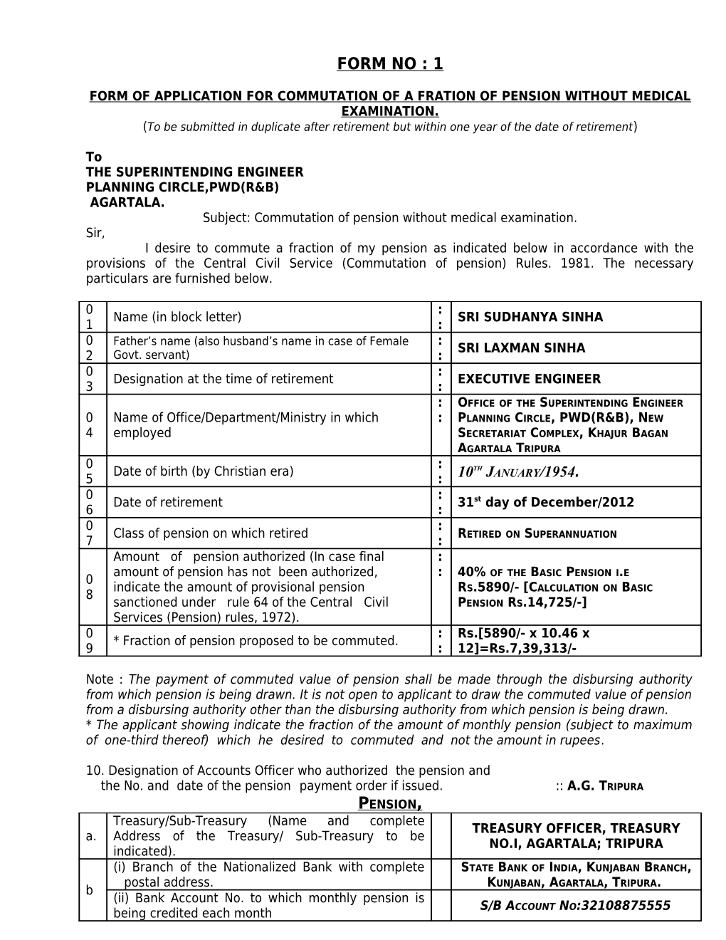 Form of Application for Commutation of a Fration of Pension Without Medical Examination