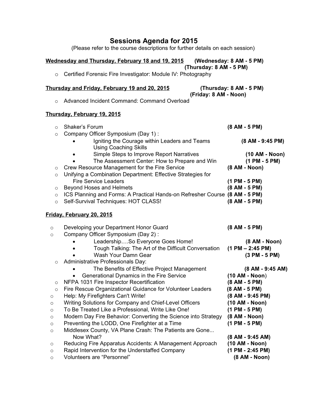 Sessions Agenda for 2010
