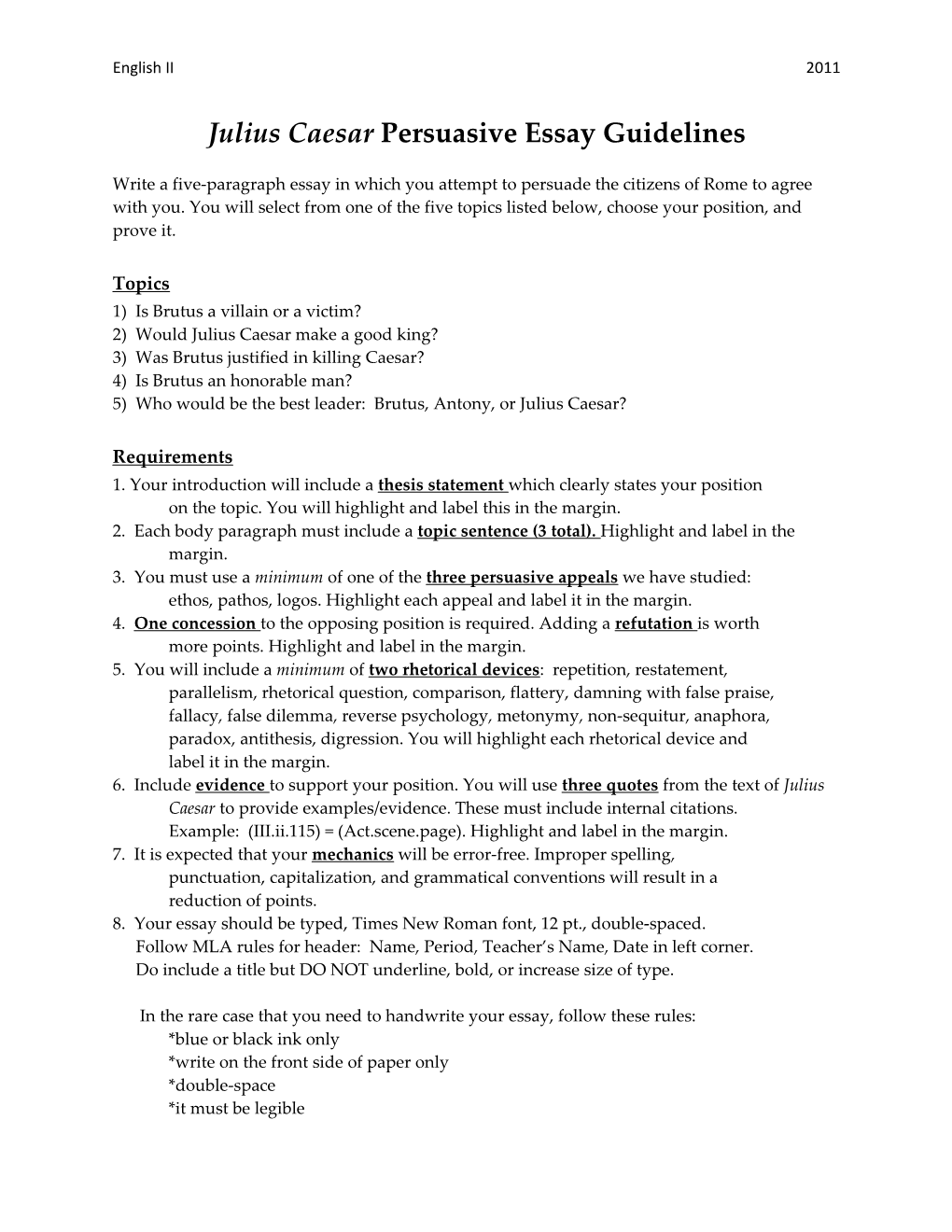 Julius Caesar Persuasive Essay Guidelines