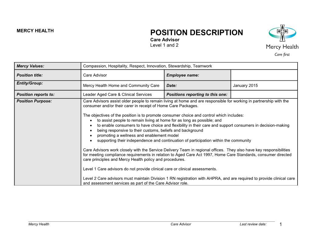 Mercy Health Position Description Template