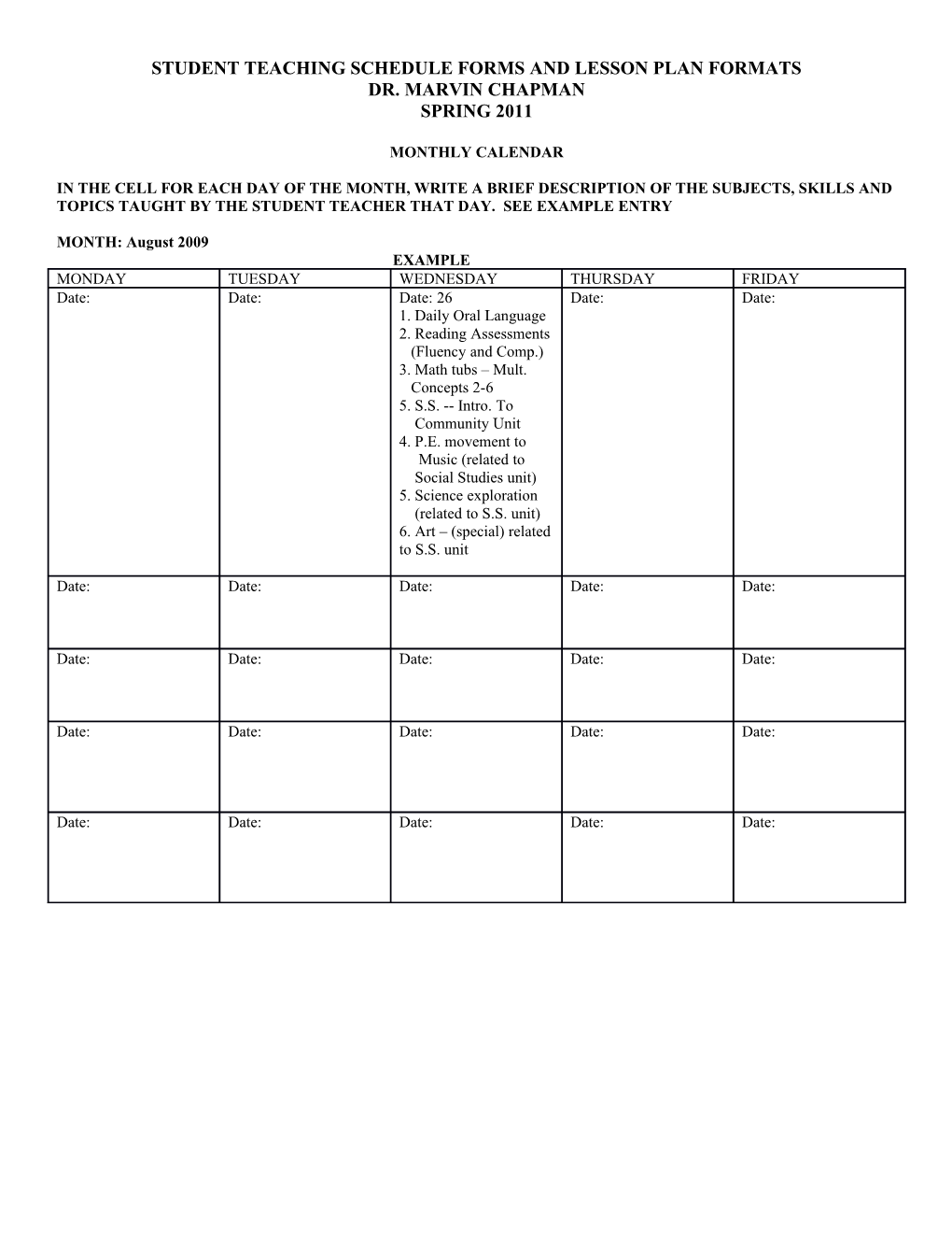 Student Teaching Schedule Forms and Lesson Plan Formats