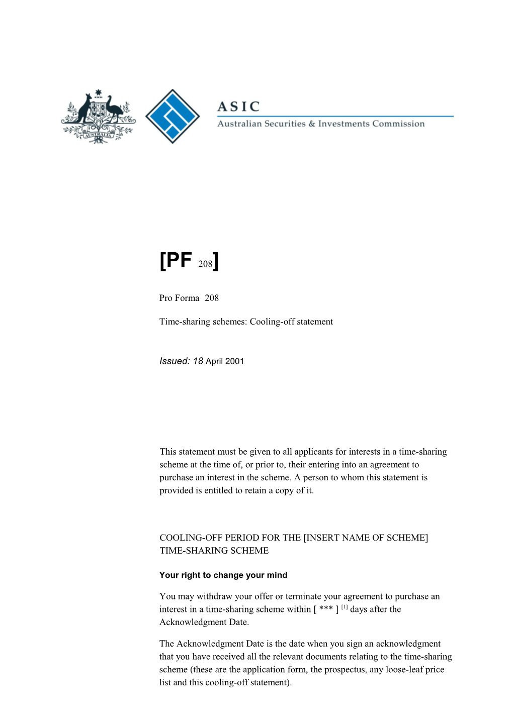 Pro Forma PF 208 Time-Sharing Schemes: Cooling-Off Statement