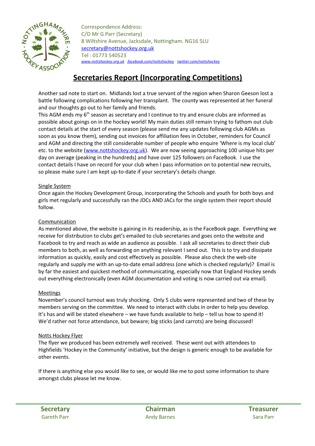 Secretaries Report (Incorporating Competitions)