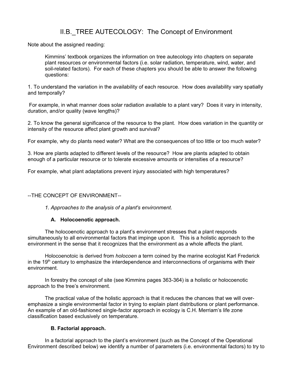 II.B. TREE AUTECOLOGY: the Concept of Environment