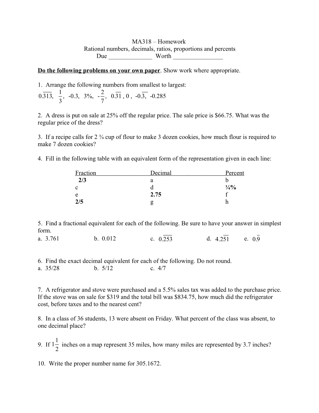 Rational Numbers, Decimals, Ratios, Proportions and Percents