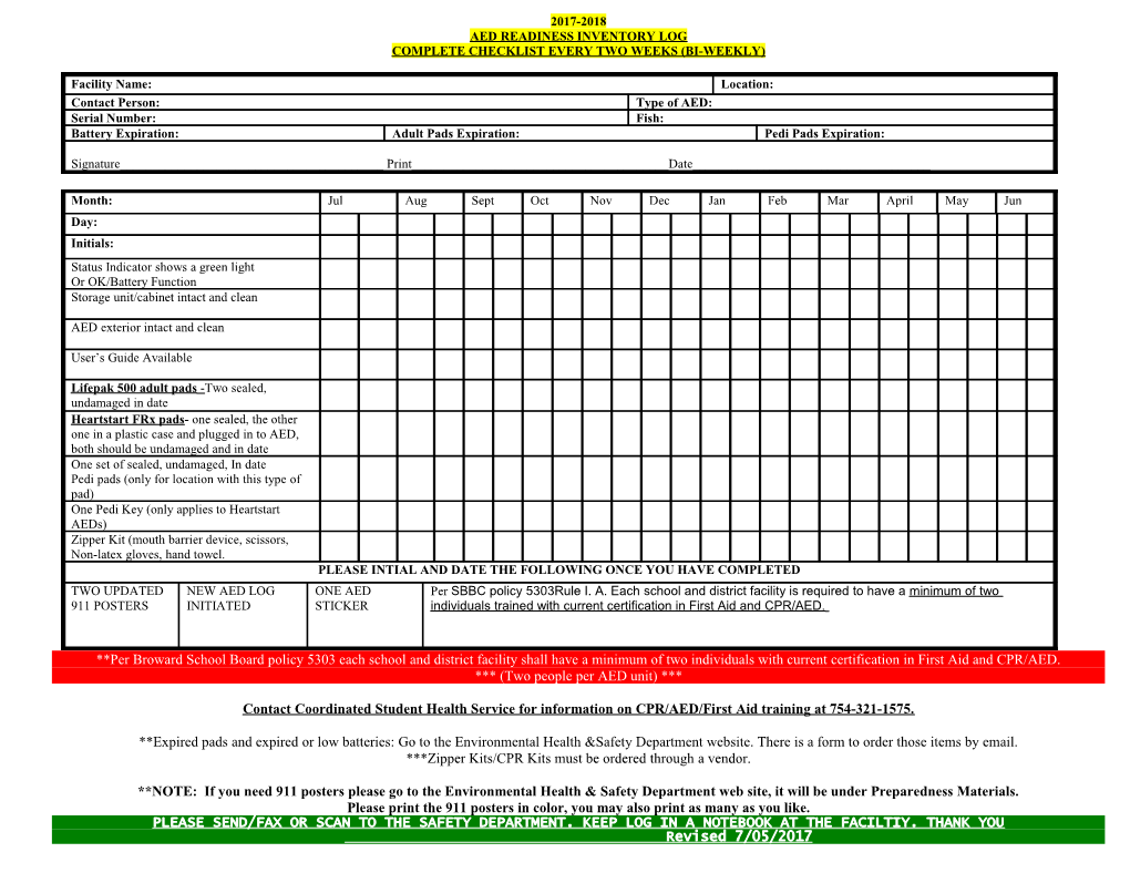 Aed Readiness Inventory Log