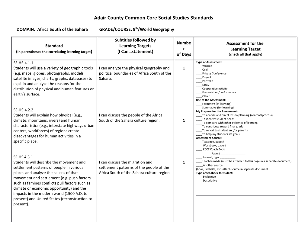 Adair County Common Core Social Studies Standards