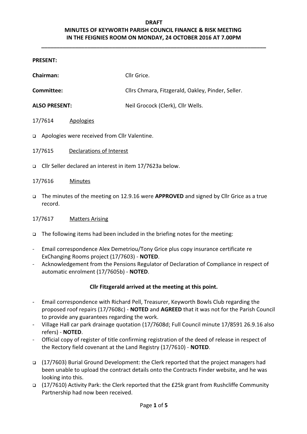 Minutes of Keyworth Parish Council Finance & General Purposes Meeting Held at the Village Hall