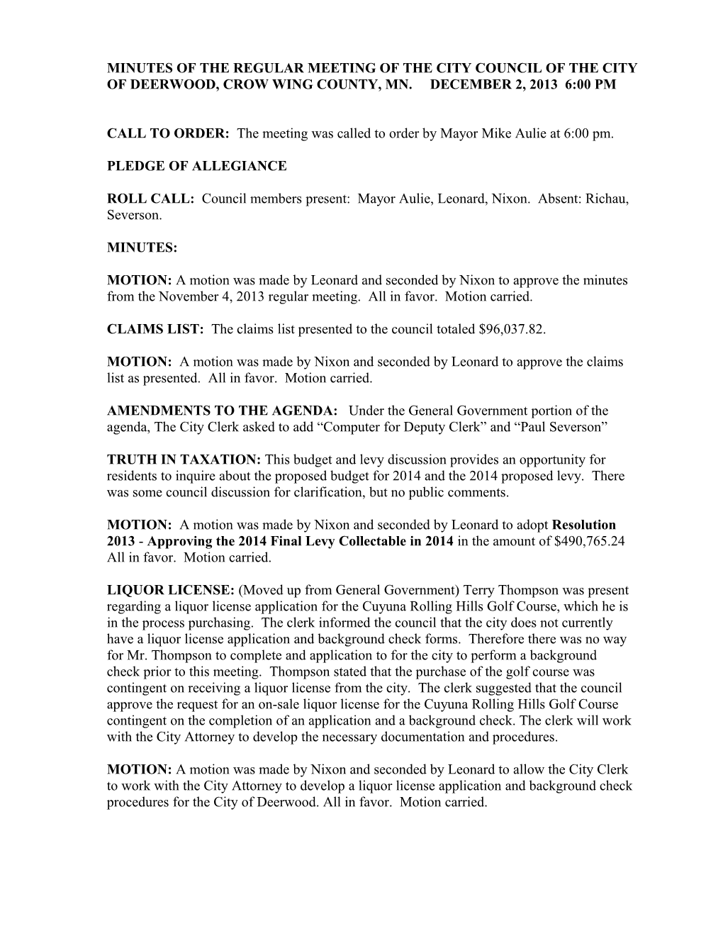 Minutes of the Regular Meeting of the City Council of the City of Backus, Cass County, Mn