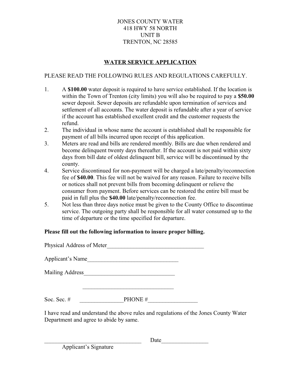 Jones County Water Service Application