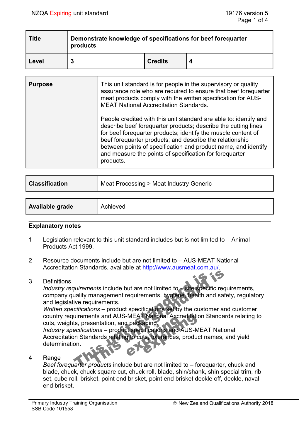 19176 Demonstrate Knowledge of Specifications for Beef Forequarter Products