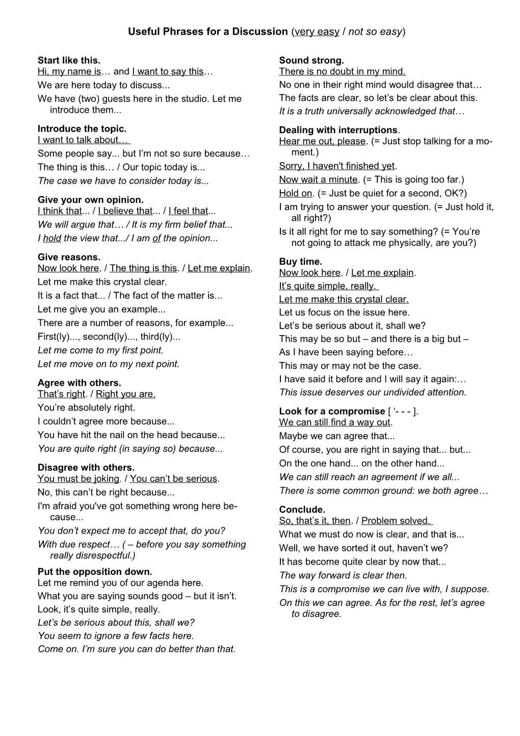 Useful Phrases for a Discussion (Very Easy/ Not So Easy)
