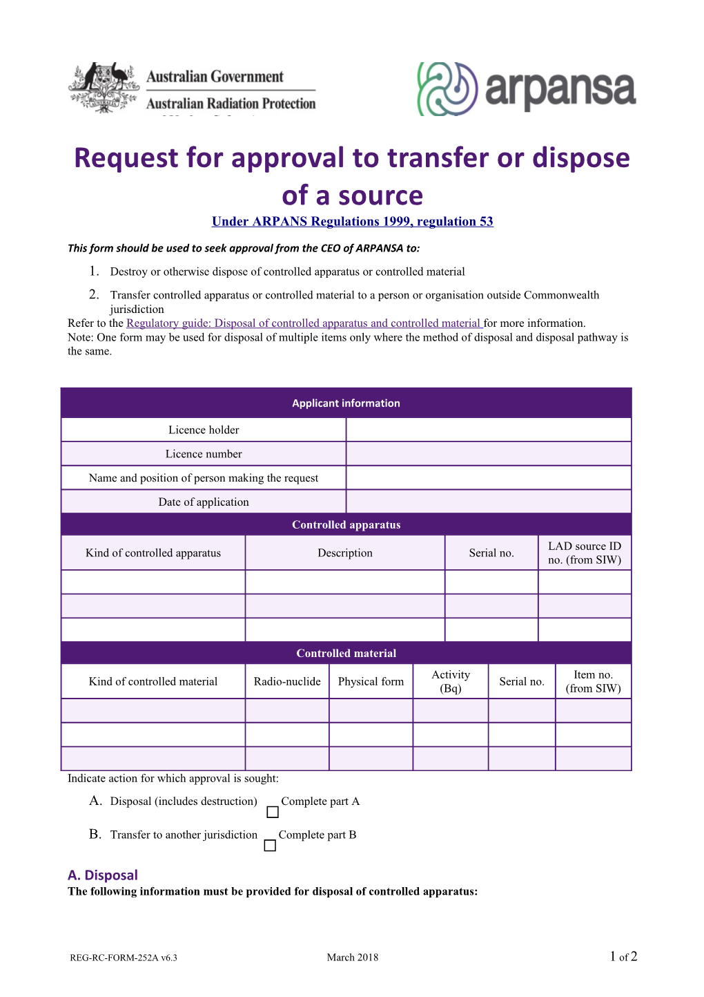 Request for Approval to Transfer Or Dispose of a Source