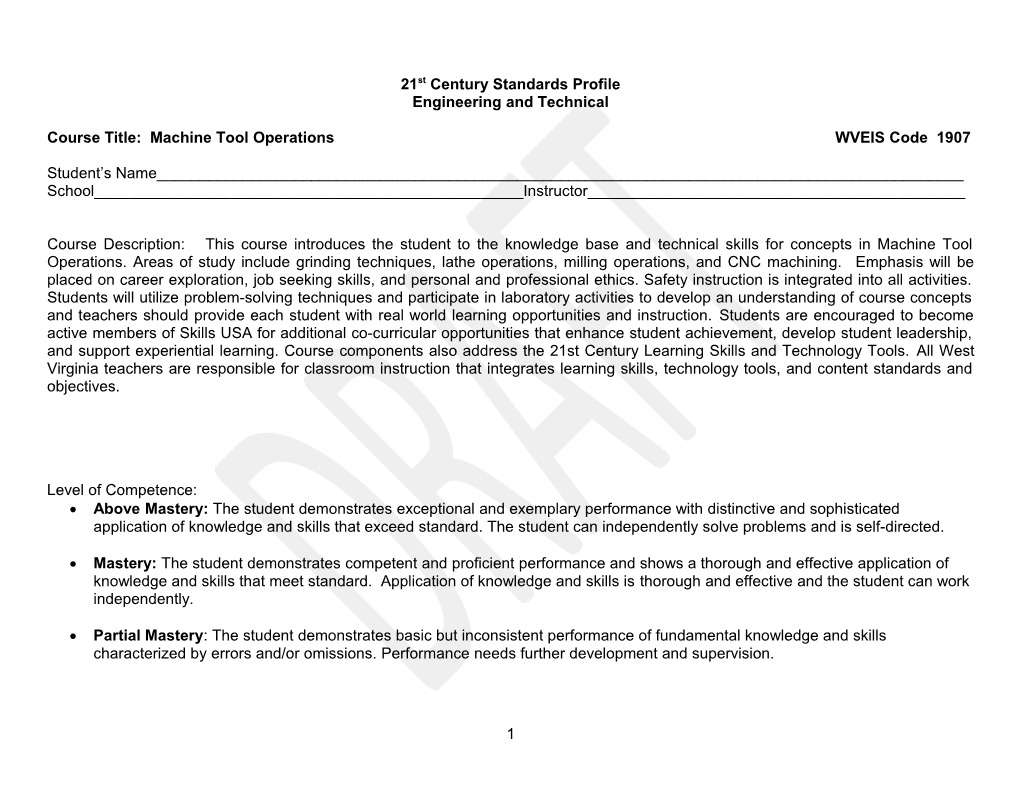 Course Title: Machine Tool Operations WVEIS Code 1907