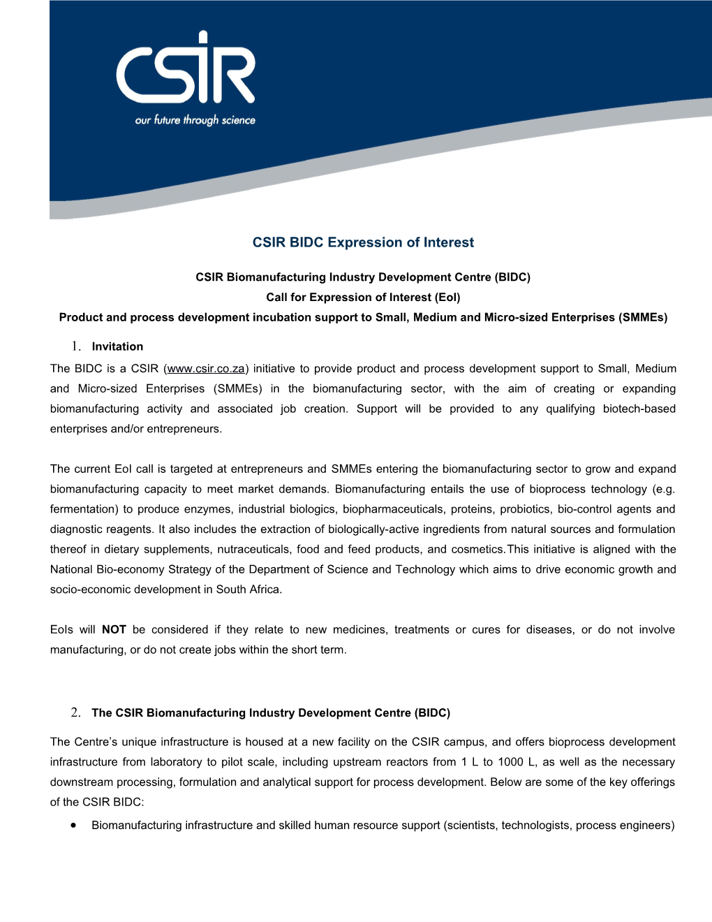 CSIR BIDC Expression of Interest