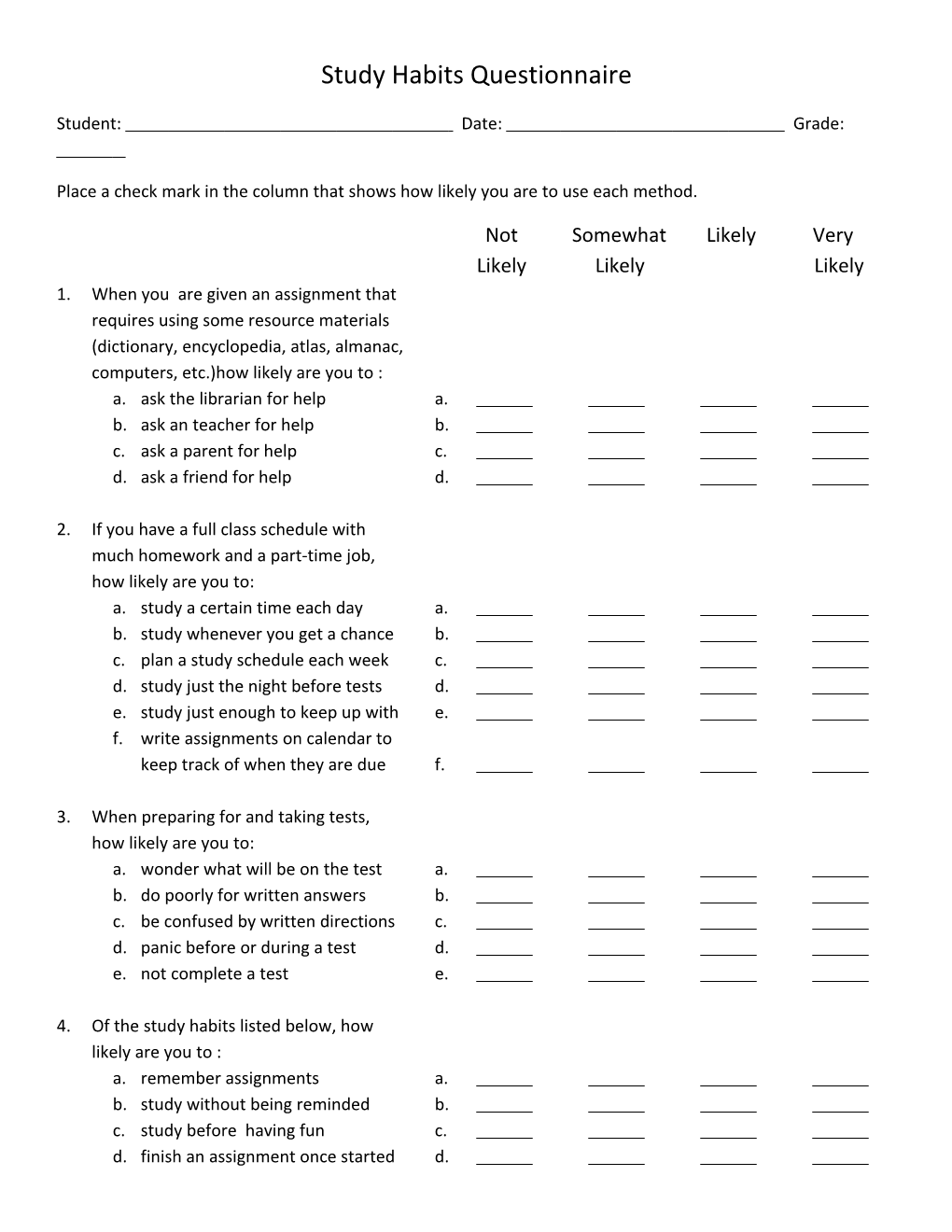 Study Habits Questionnaire