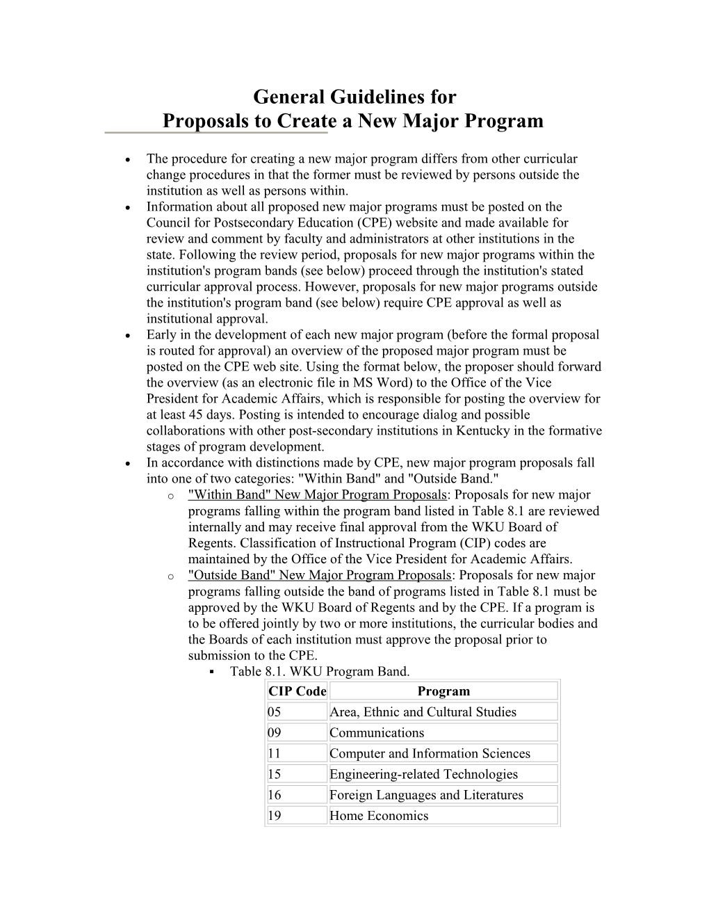 General Guidelines for Proposals to Create a New Major Program