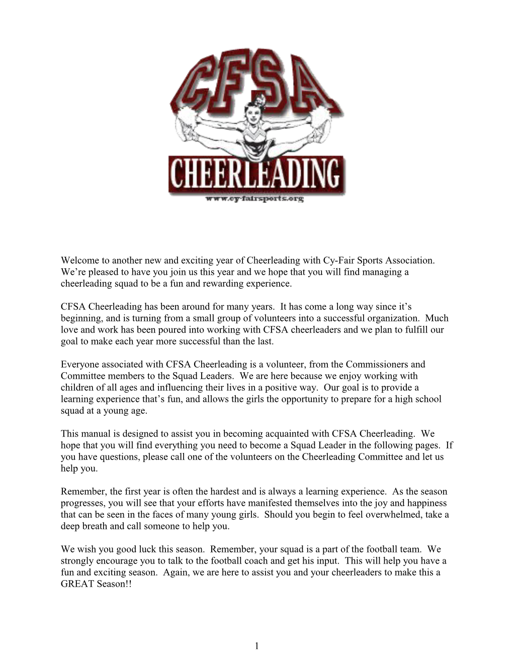 Welcome to Another New and Exciting Year of Cheerleading with Cy-Fair Sports Association