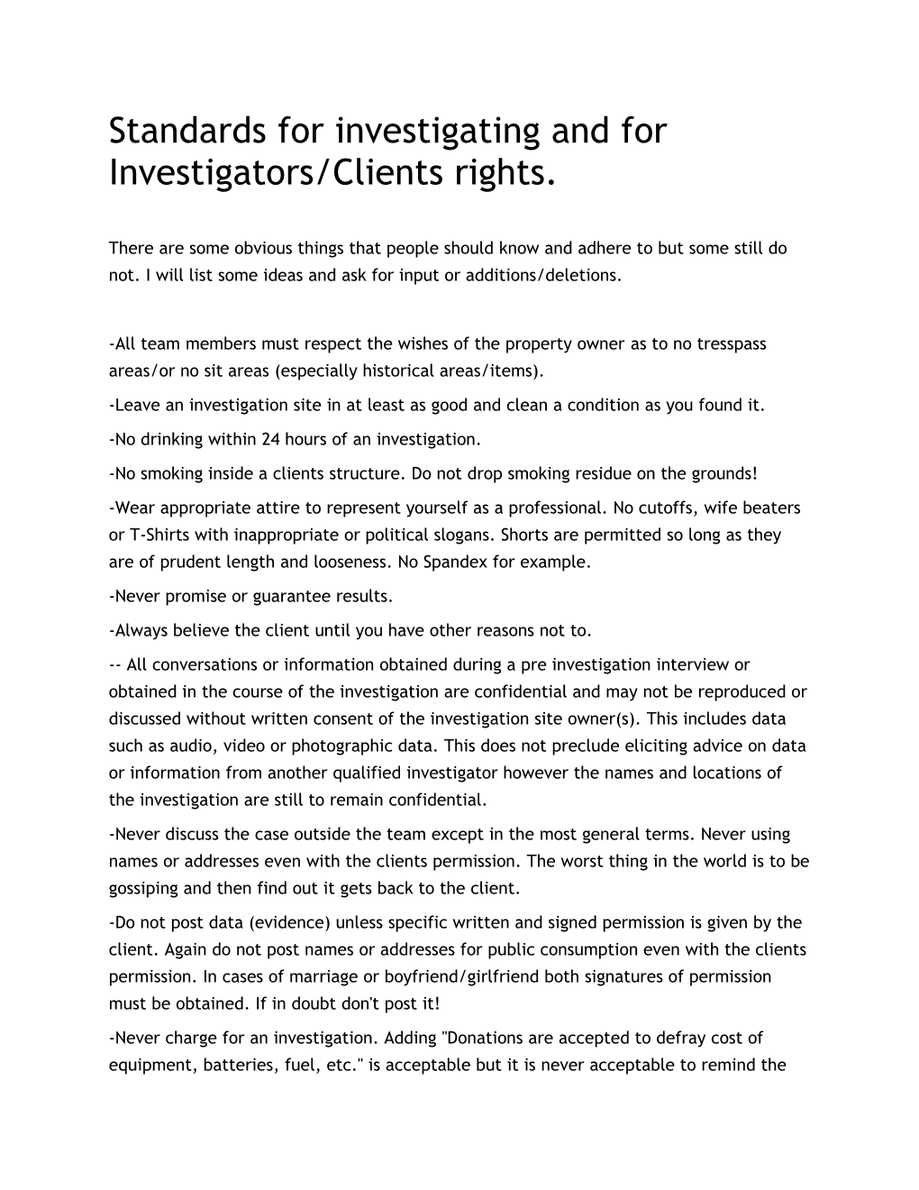 Standards for Investigating and for Investigators/Clients Rights