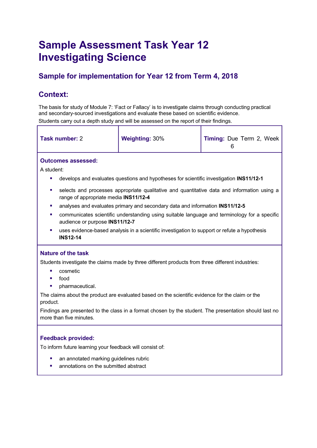 Sample Assessment Task Year 12 Investigating Science D2017/13947