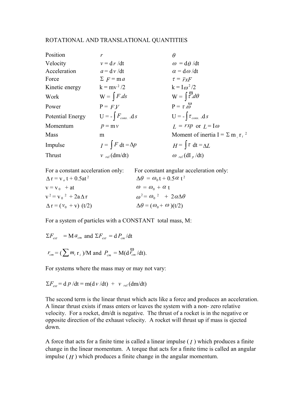 Rotational and Transalational Quantiites