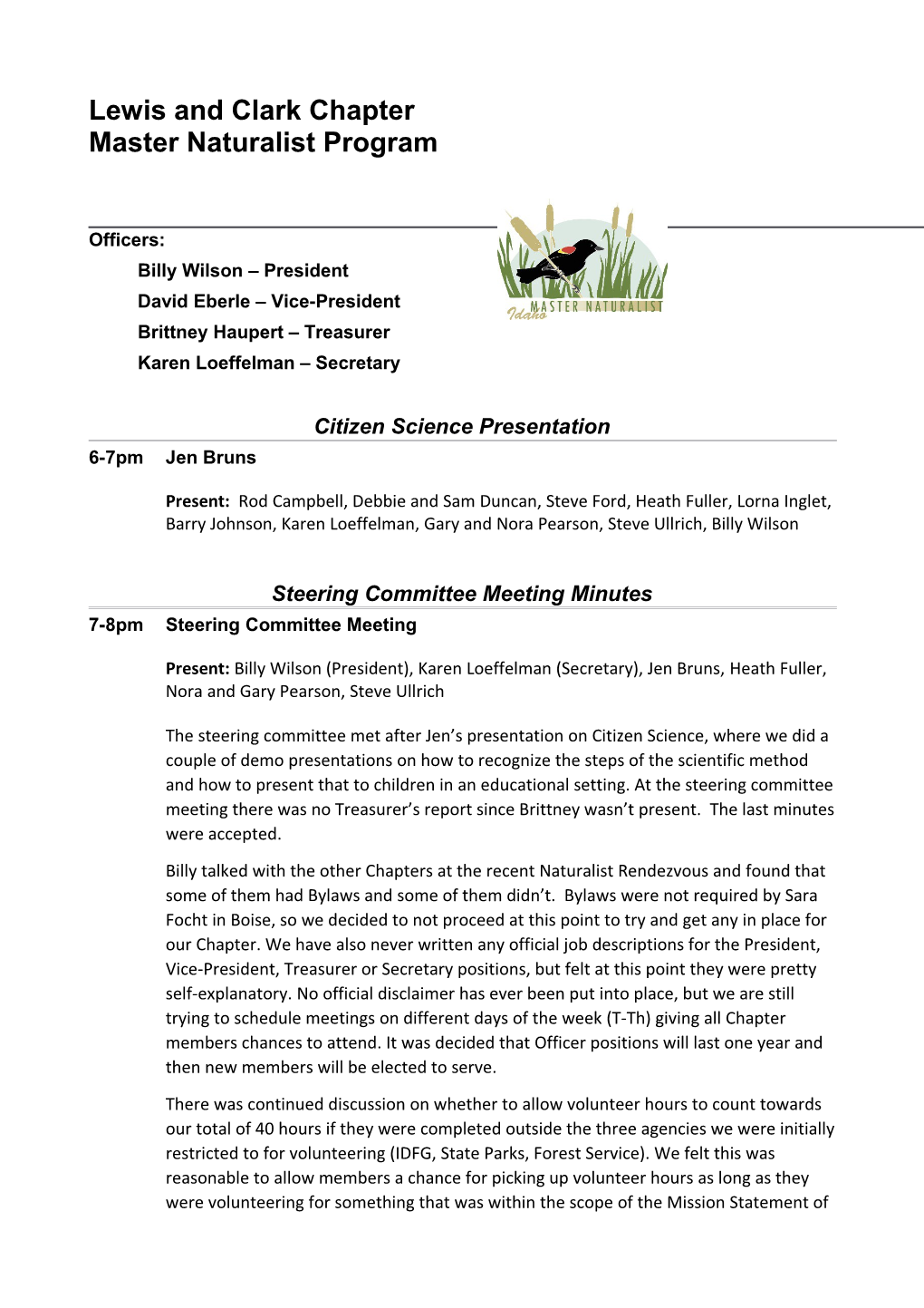 Idaho Master Naturalist Lewis and Clark Chapter Steering Committee Meeting Minutes, 10-21-2015