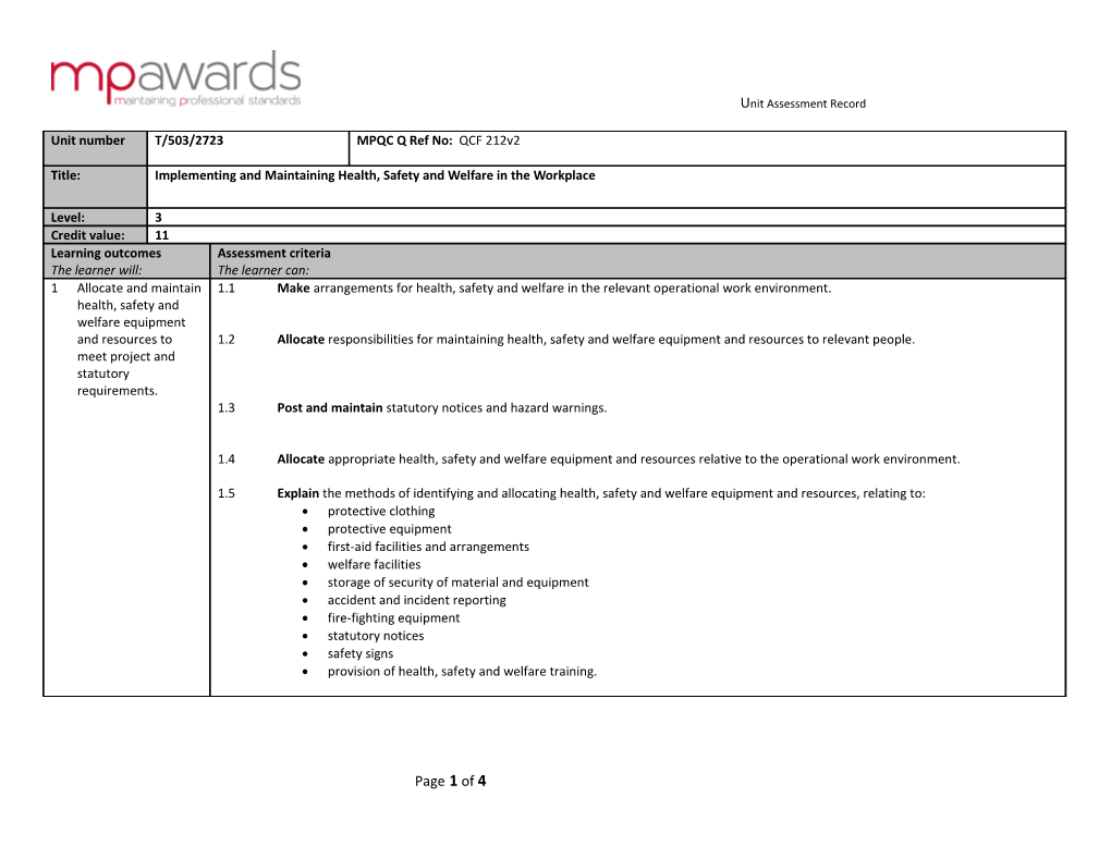 Unit Assessment Record