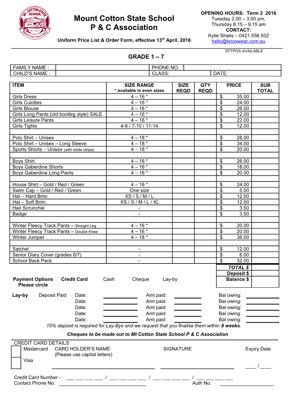 Unifrom Price List and Order Form