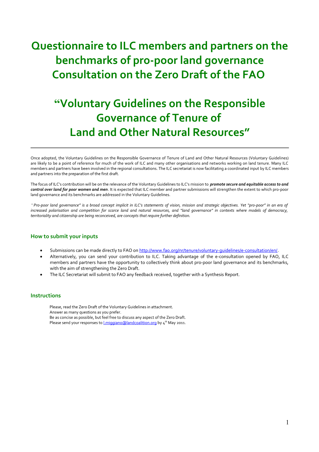 Questionnaire to ILC Members and Partners on the Benchmarks of Pro-Poor Land Governance