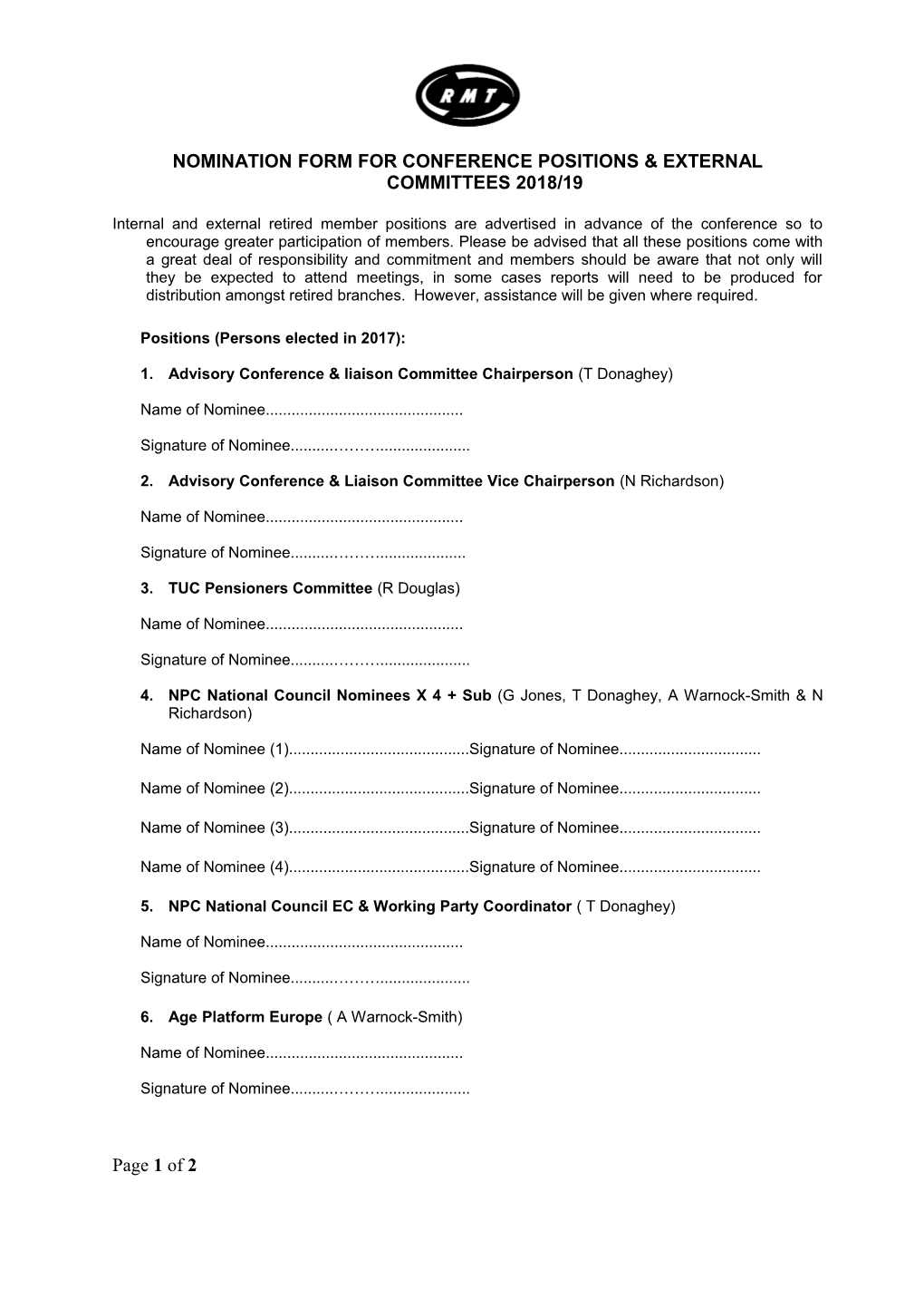 Nomination Form for Conference Positions & External Committees 2018/19