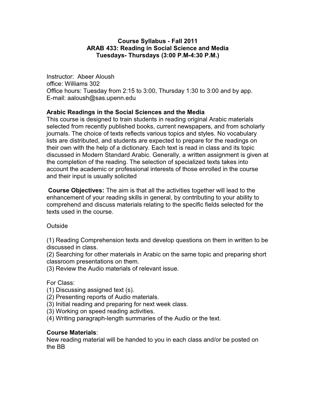 Course Syllabus - Fall 2011