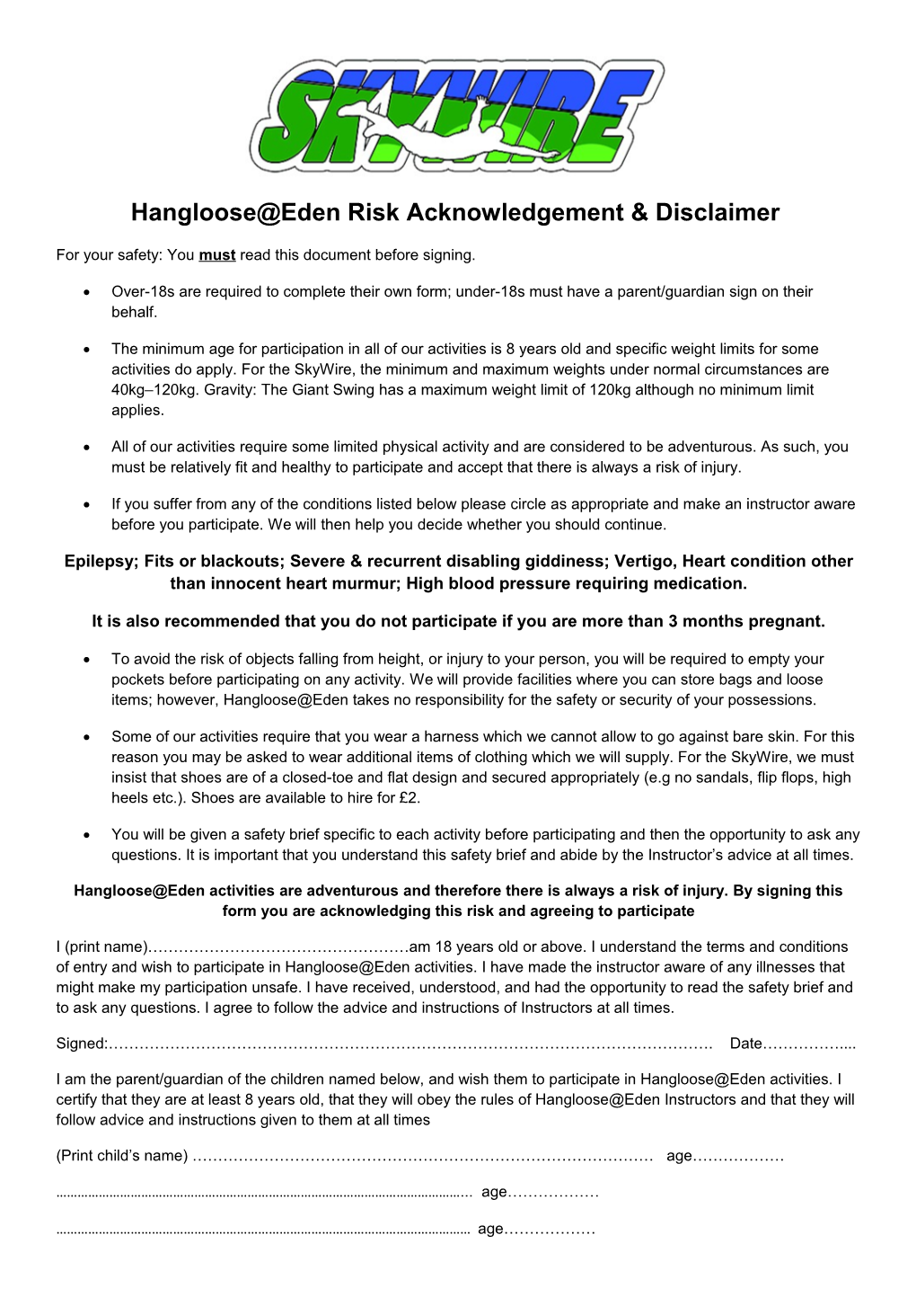 Hangloose Eden Risk Acknowledgement & Disclaimer