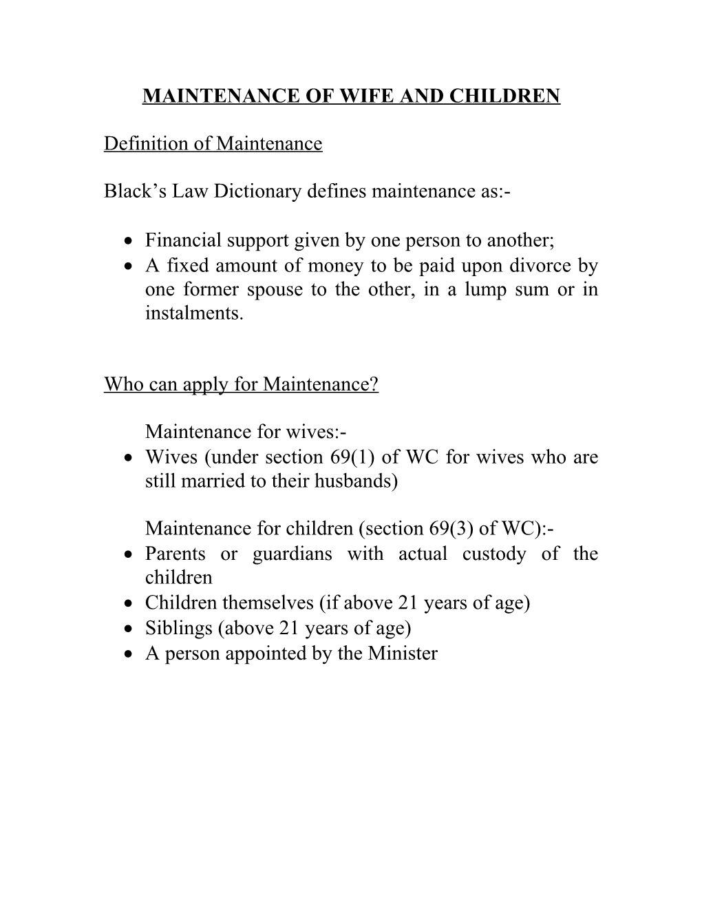 Maintenance of Wife and Children