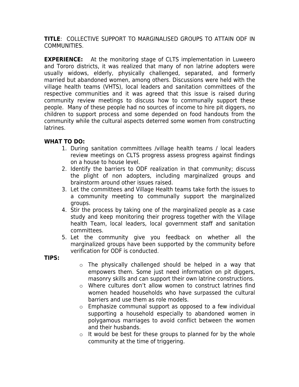 TITLE: IMPLEMENTING COMMUNITY LED TOTAL SANITATION (CLTS) and SANITATION MARKETING (Sanmark)