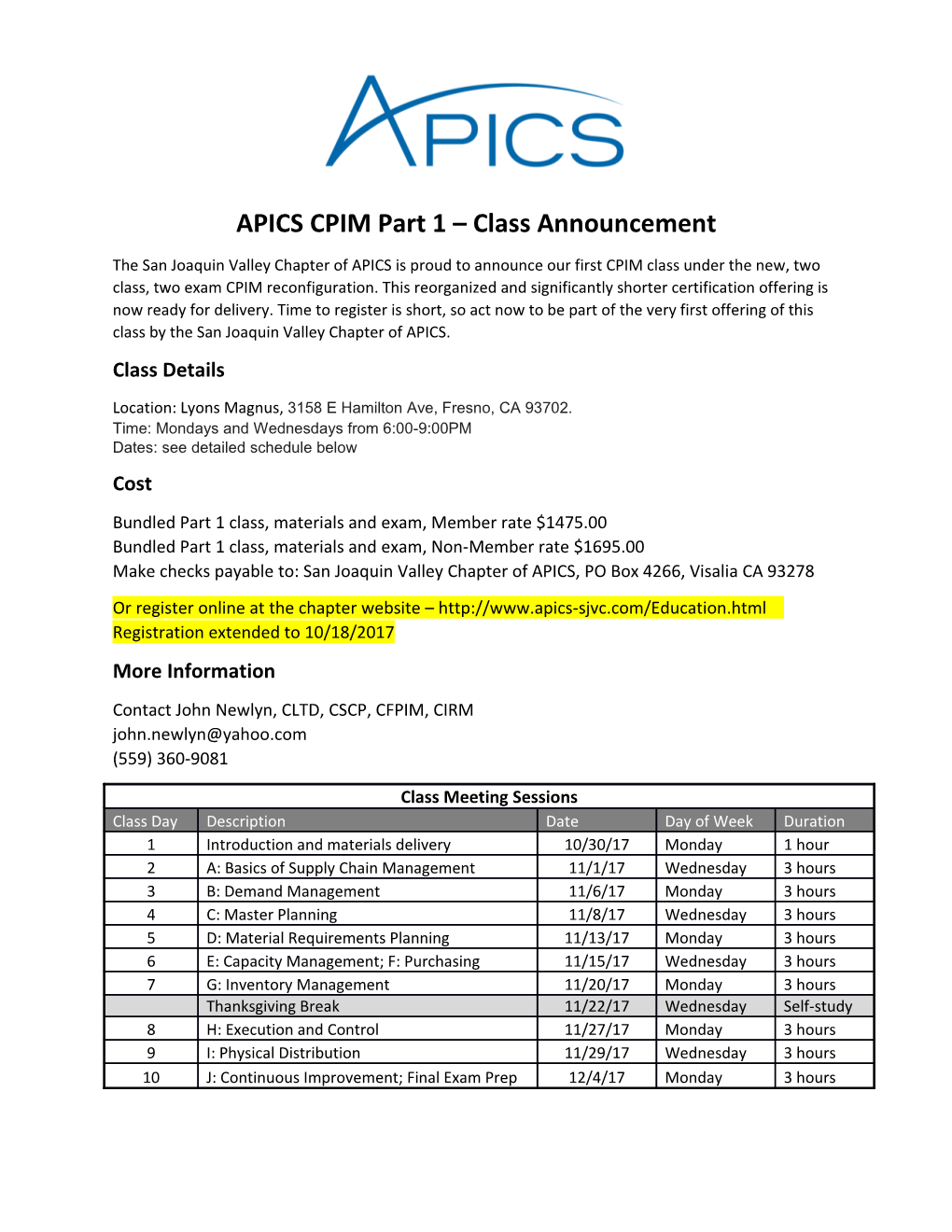 APICS CPIM Part 1 Class Announcement