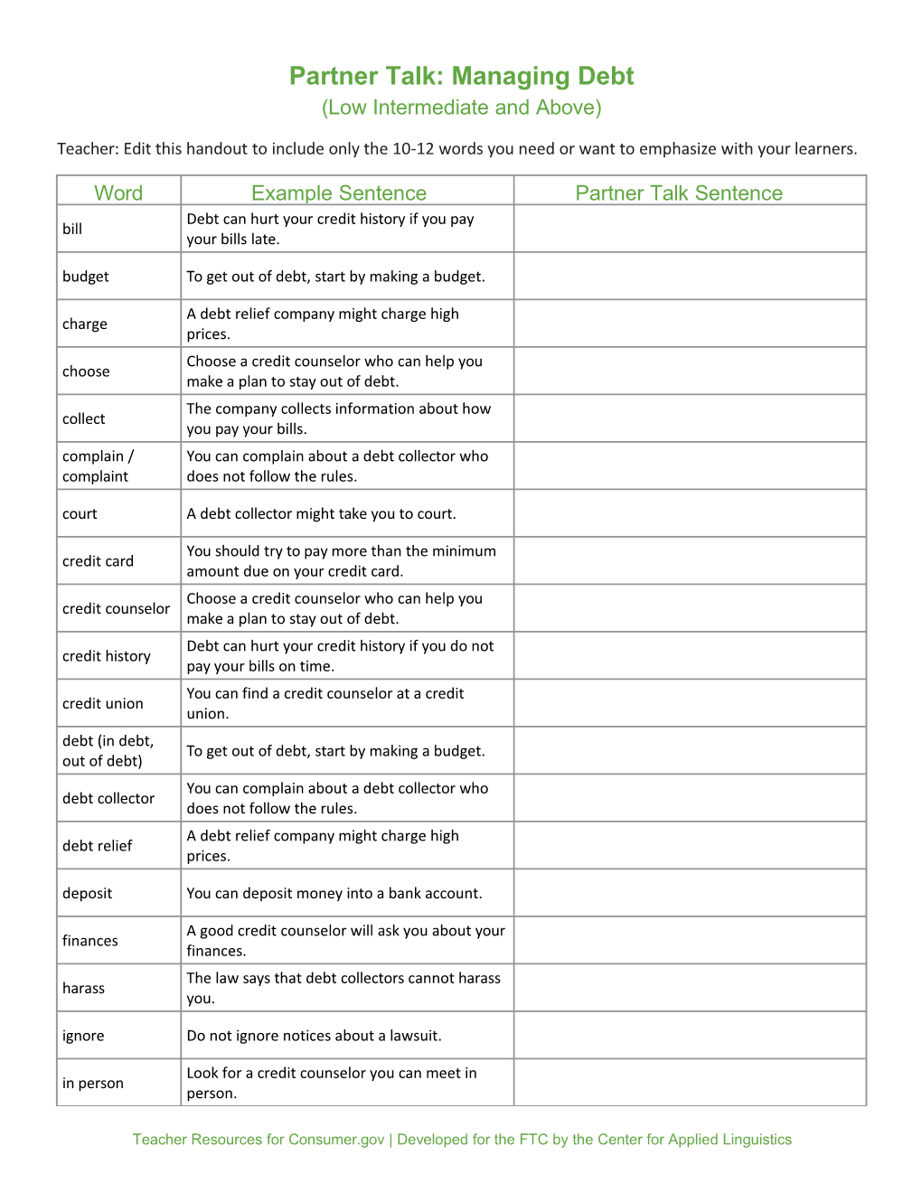 Consumer.Gov Lesson Plan Materials: Managing Debt