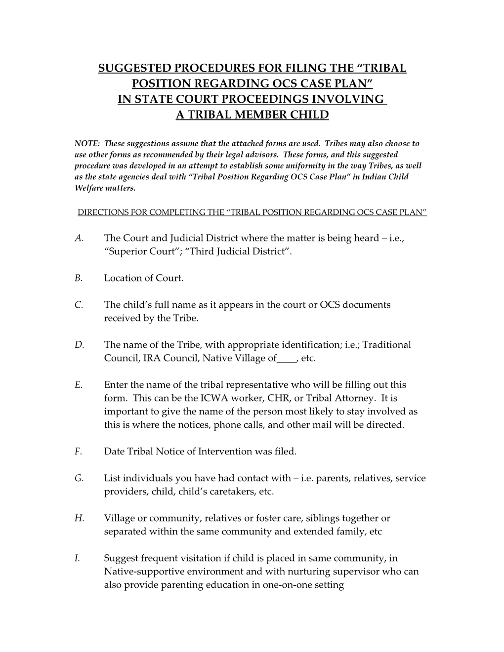 Suggested Procedures for Filing the Tribal Position Regarding Ocs Case Plan