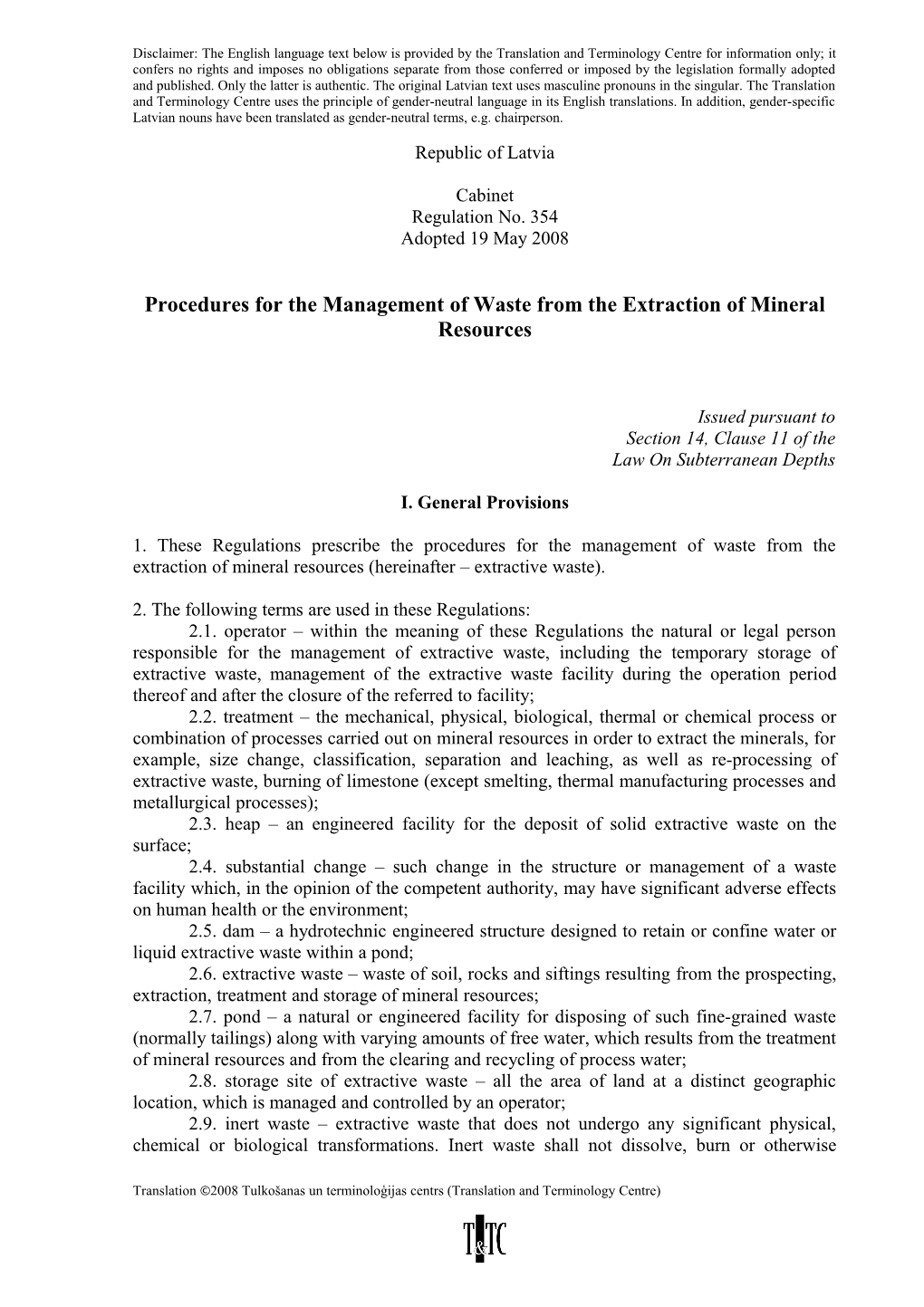 Procedures for the Management of Waste from the Extraction of Mineral Resources