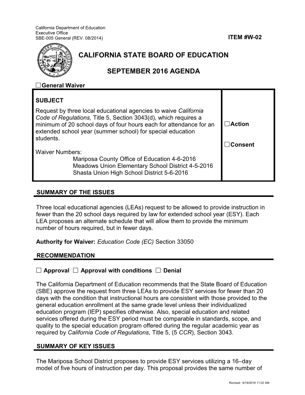 September 2016 Waiver Item W-02 - Meeting Agendas (CA State Board of Education)