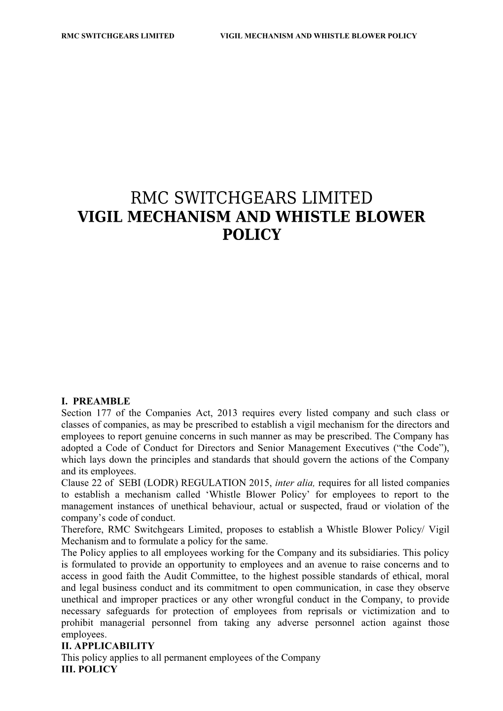 Rmc Switchgears Limitedvigil Mechanism Andwhistle Blower Policy