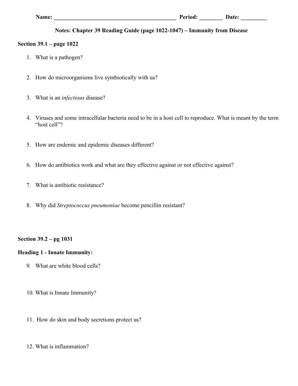 Chapter 39 Reading Guide (Page 1022-1047) Immunity from Disease