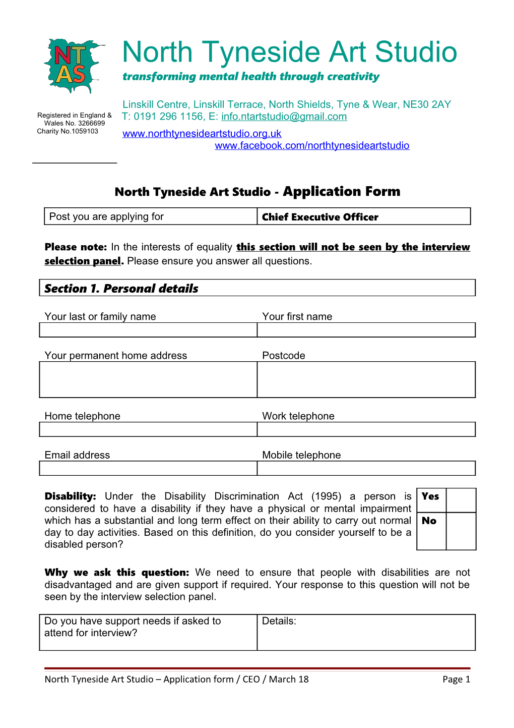 North Tyneside Art Studio -Application Form