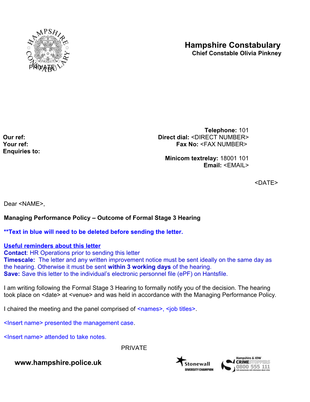 Managing Performance Policy Outcome of Formal Stage 3 Hearing