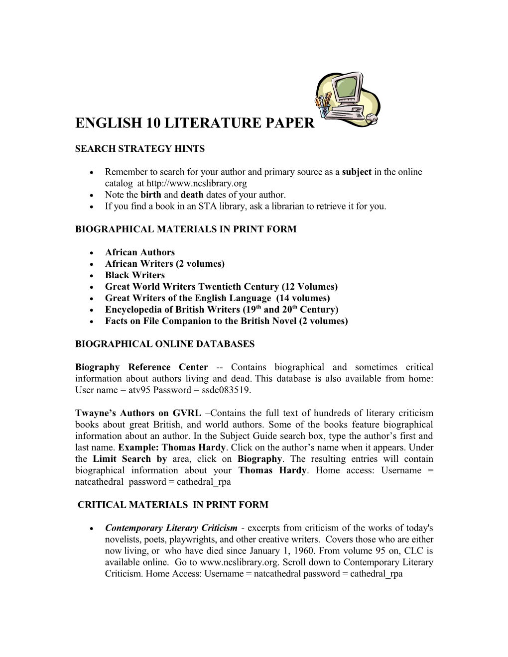 English 10 Literature Paper