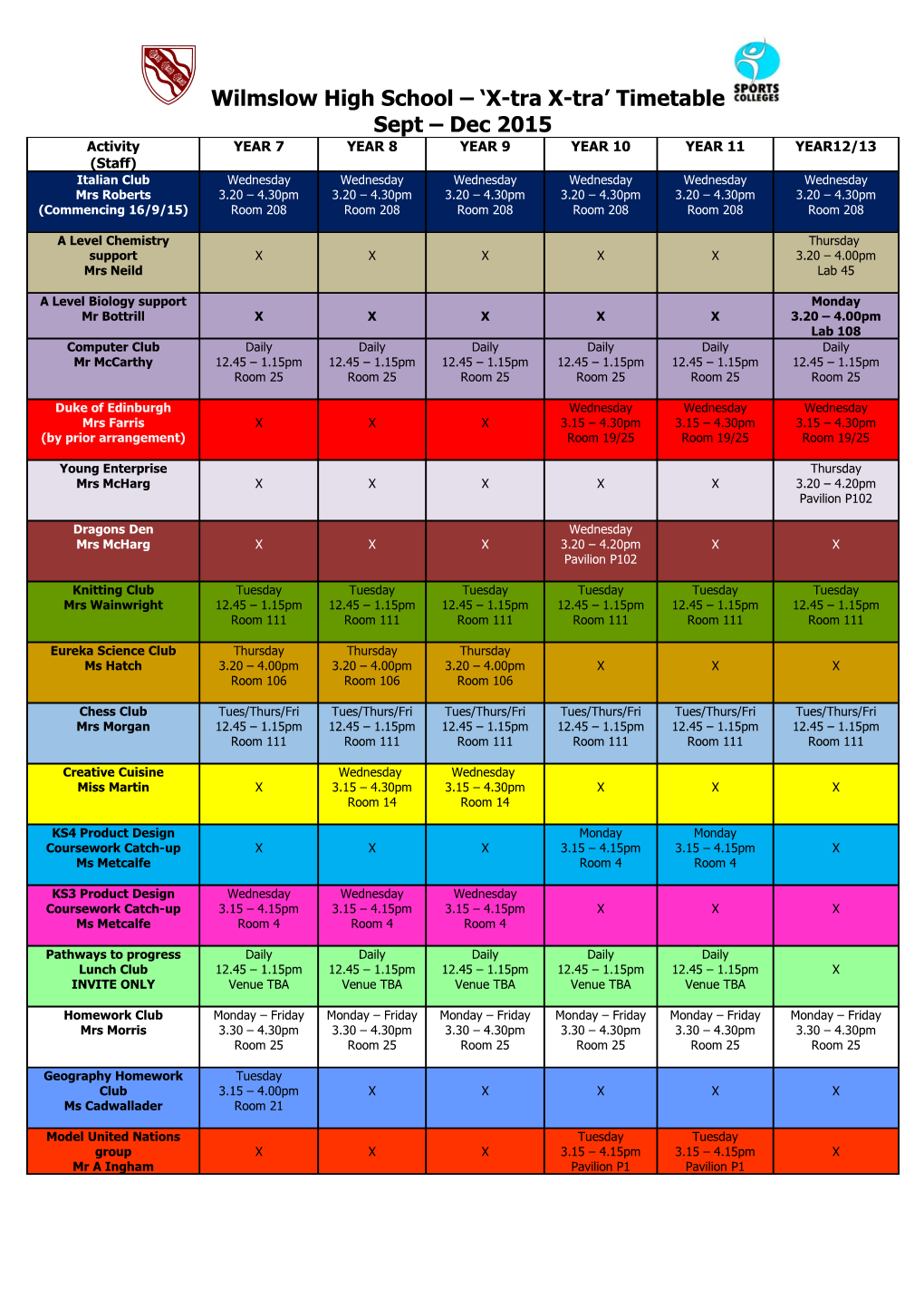 Wilmslow High School X-Trax-Tra Timetable