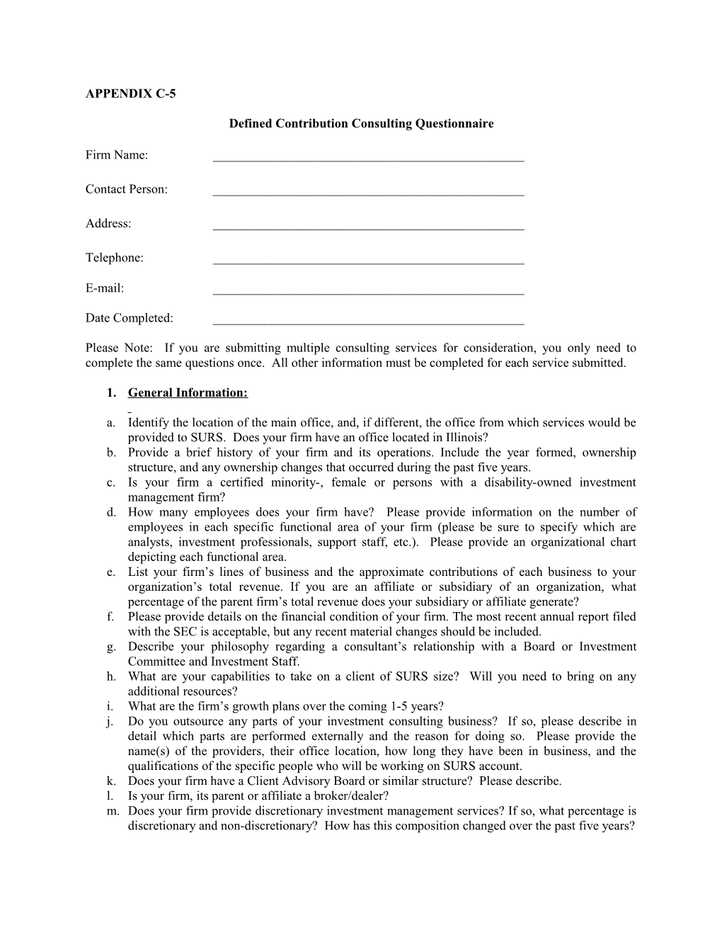 Defined Contribution Consulting Questionnaire