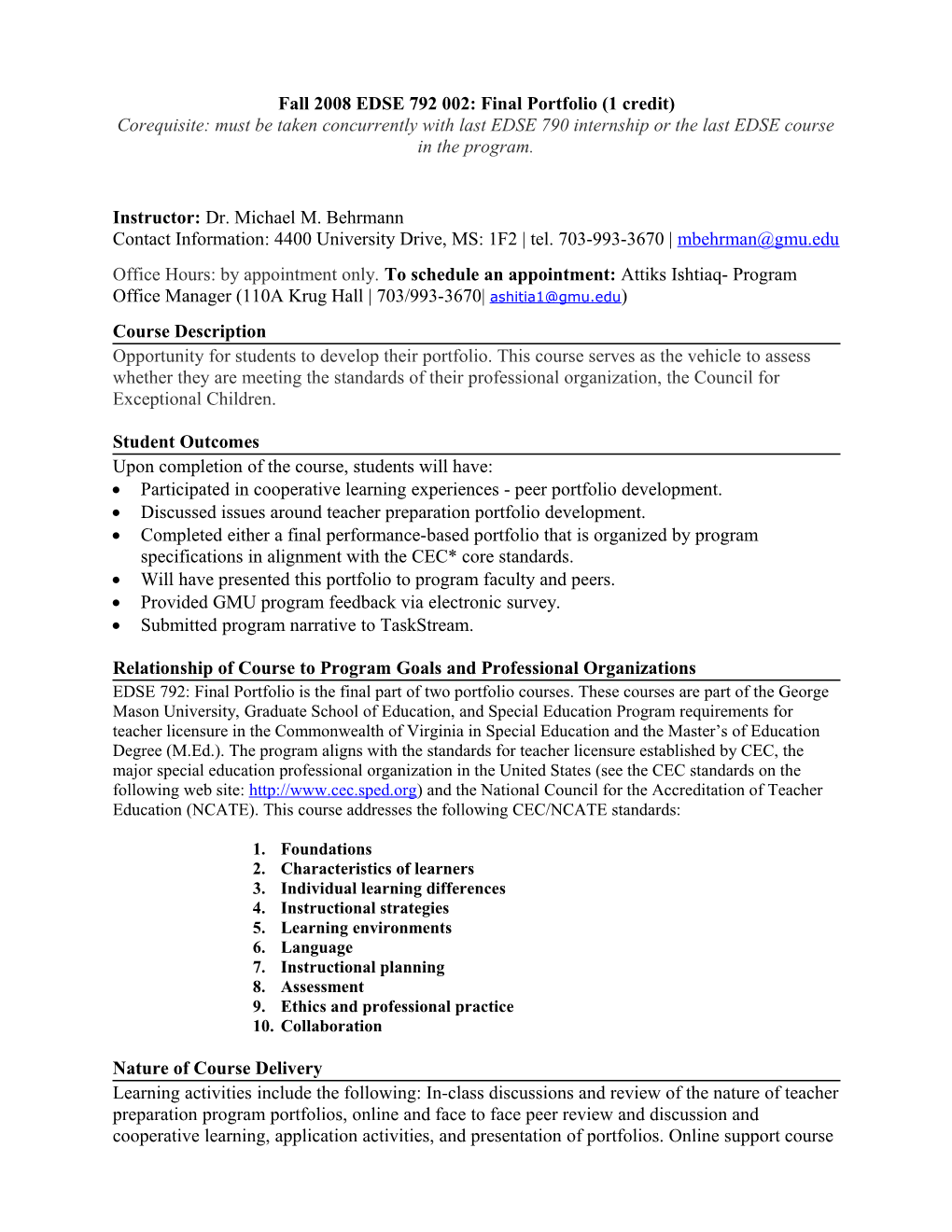 EDSE 791: Performance-Based Assessment of CEC Standards: Individual Portfolio Development