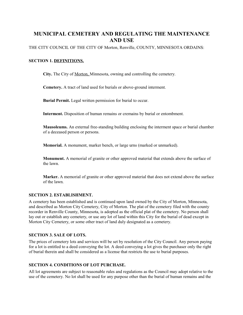 Sample Cemetery Regulation Ordinance