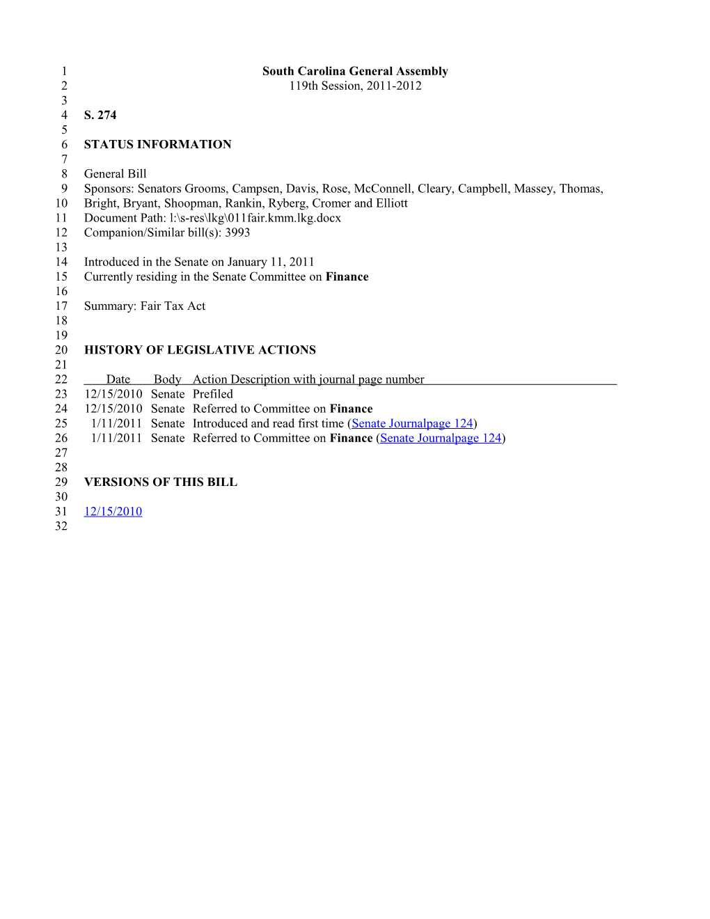 2011-2012 Bill 274: Fair Tax Act - South Carolina Legislature Online